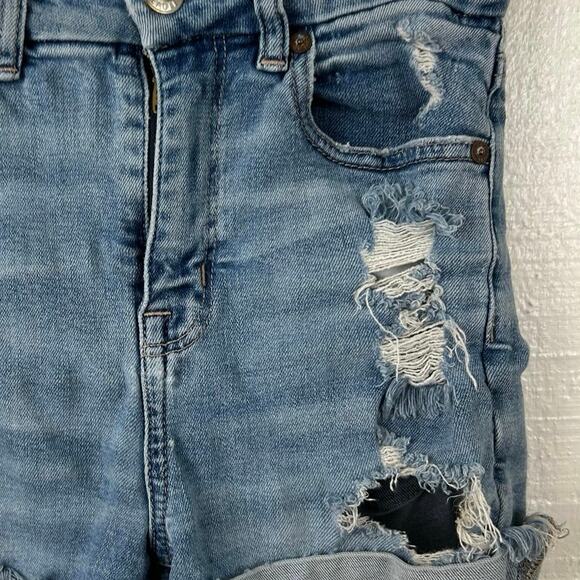 AE Women Super Stretch Distressed Mid Rise Denim Jean Short Shorts Blue Size 00 - Picture 2 of 6